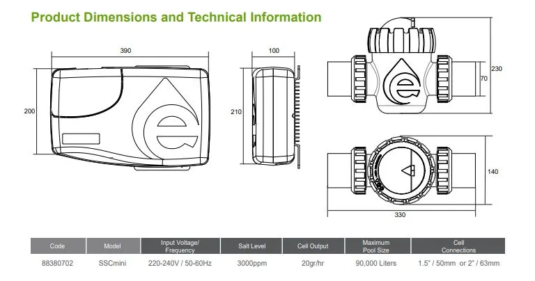 Tehnički podaci i dimenzije elektroliza ssc mini