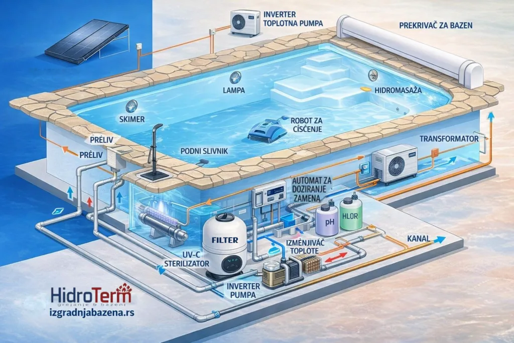 Prikaz kompletnog sistema bazenske opreme i instalacija