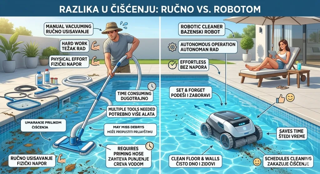 Ručno čišćenje bazena naspram robotskog usisivača za bazen – razlika u održavanju