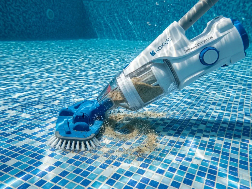 Slika kokido električnog usisivača prilikom čišćenja dna bazena punog peska