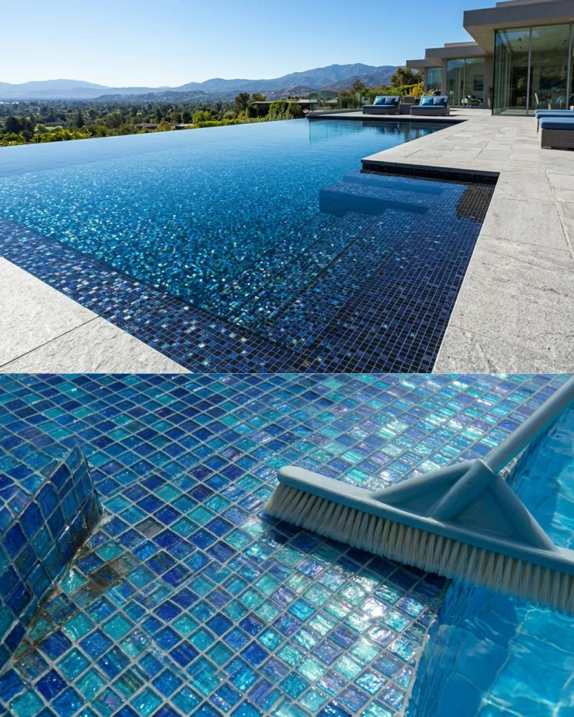 Luksuzni bazen obložen staklenim mozaik pločicama – sjajan plavi izgled mozaika za bazen