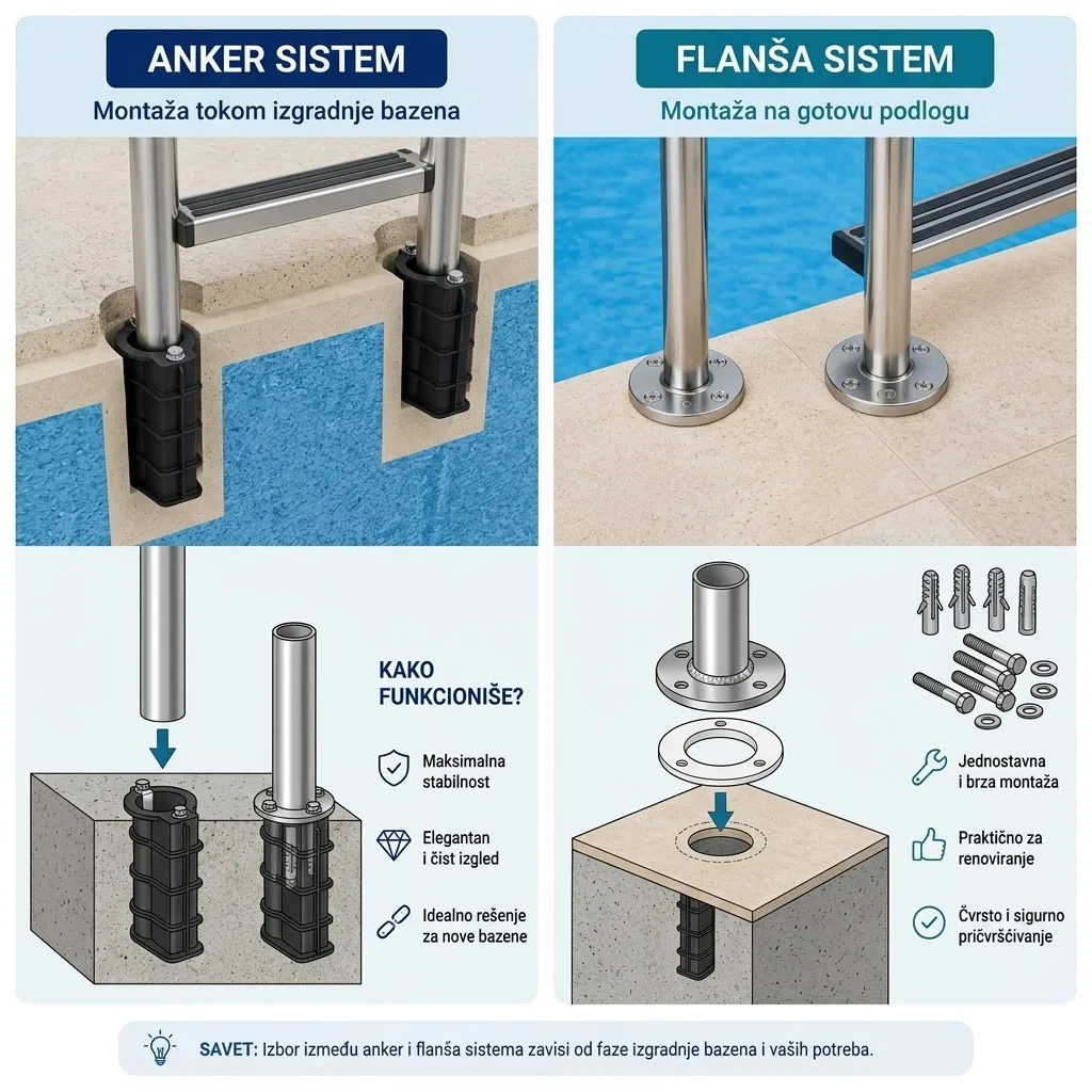 Uporedni prikaz ugradnje bazenskih merdevina: sa leve strane crni plastični anker sistem ugrađen u beton tokom izgradnje bazena, sa desne strane inox flanša sistem montiran na gotovu podlogu sa šrafovima i tiplovima.